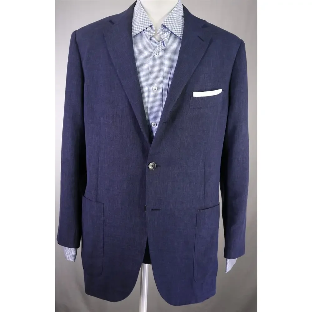 Trillon by Belvest Blue Wool Linen Silk Patch Pocket 3/2 Roll Blazer Jacket 44R